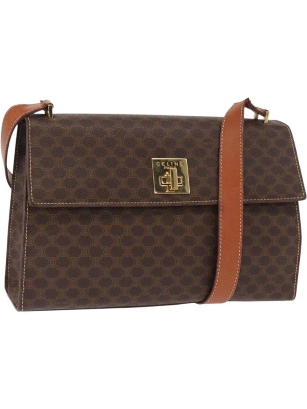CELINE Macadam Canvas Shoulder Bag PVC Leather Brown Gold